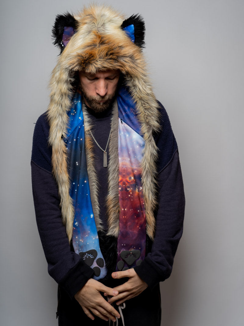 Man wearing faux fur Red Fox 2.0 Galaxy CE SpiritHood, front view 