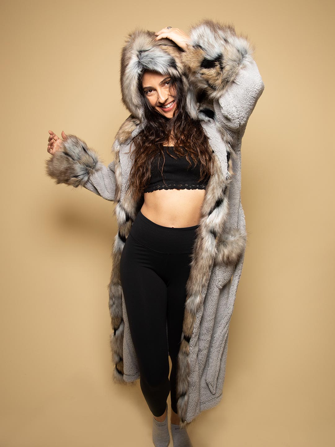 Hooded Faux Fur Robe in Wolverine Design on Female