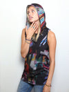 Woman wearing Unisex Feather Hooded Tank, front view 1