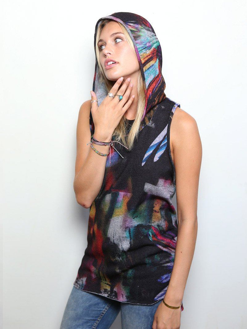 Woman wearing Unisex Feather Hooded Tank, front view 1