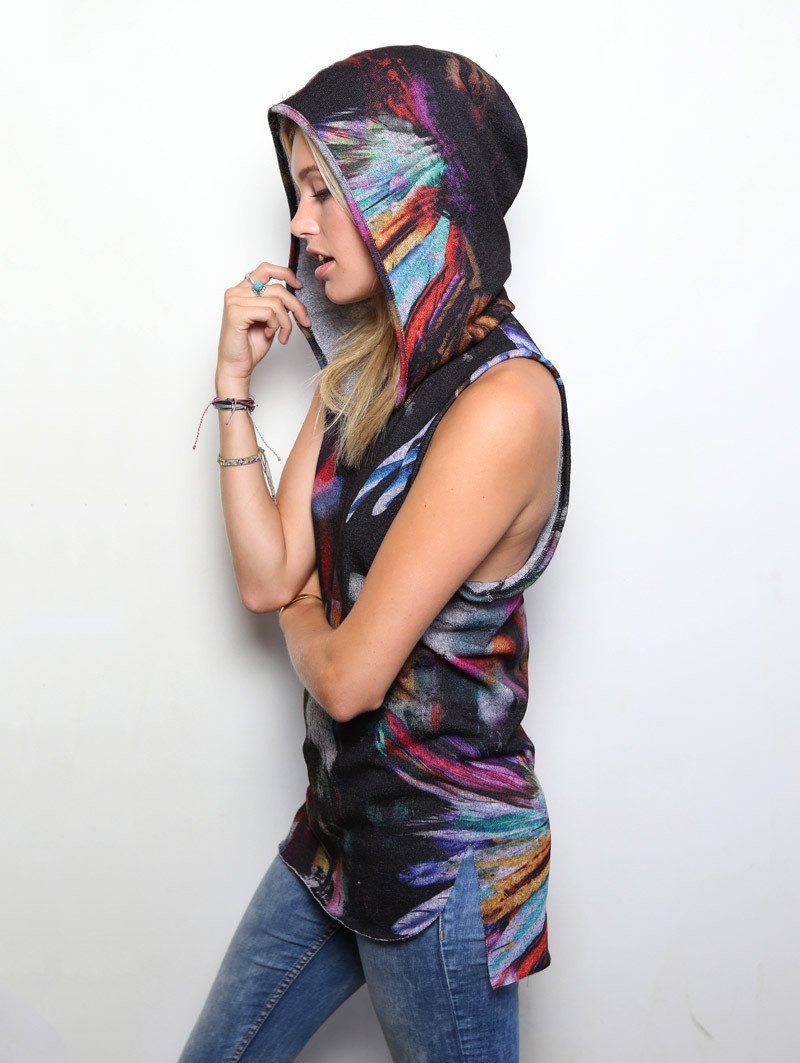 Woman wearing Unisex Feather Hooded Tank, side view