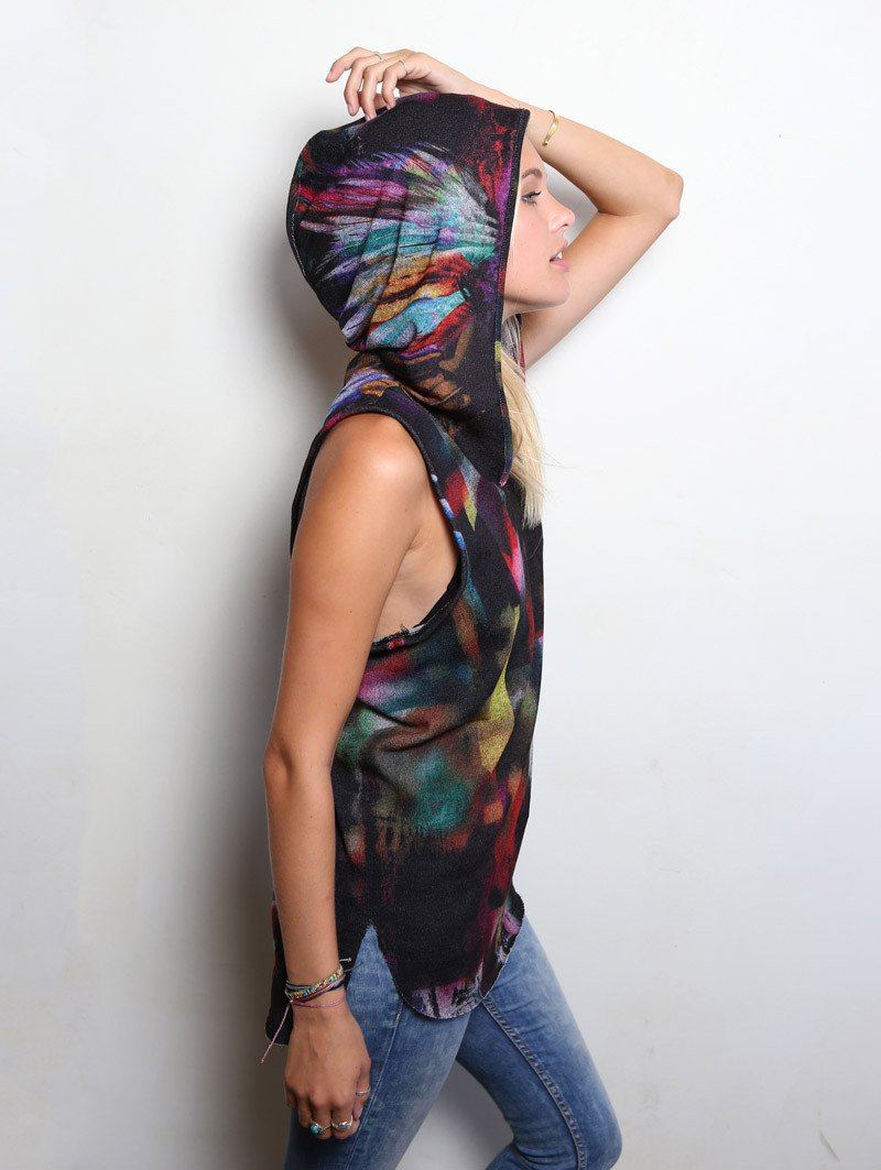 Woman wearing Unisex Feather Hooded Tank, side view 1