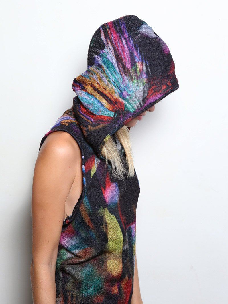 Woman wearing Unisex Feather Hooded Tank, side view 2