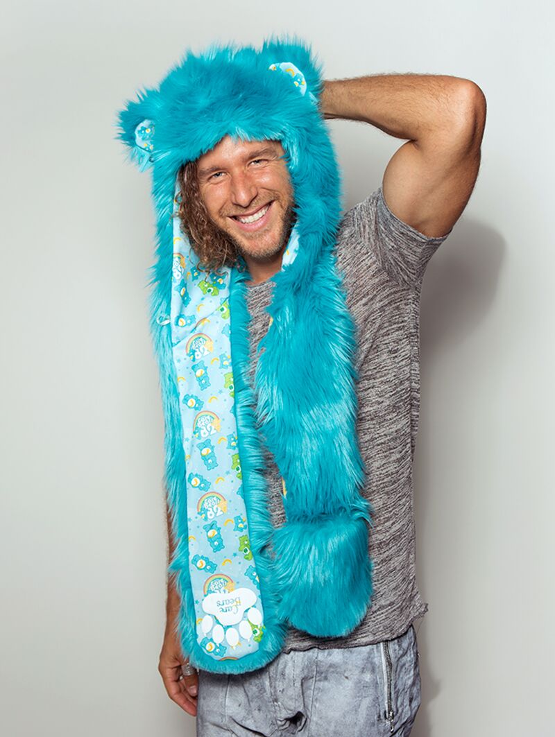 Man wearing faux fur Wish Bear Collector Edition SpiritHood