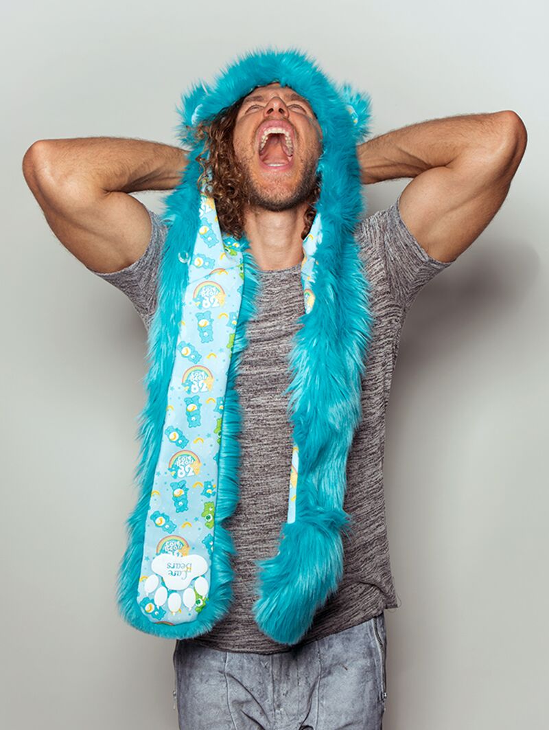 Man wearing faux fur Wish Bear Collector Edition SpiritHood, front view