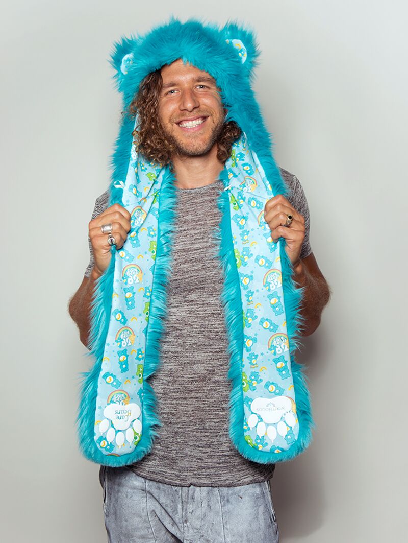 Man wearing faux fur Wish Bear Collector Edition SpiritHood, front view 1