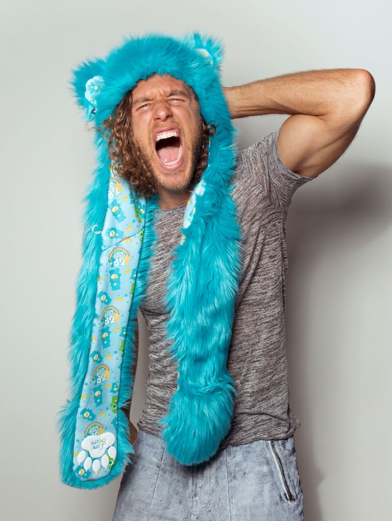 Man wearing faux fur Wish Bear Collector Edition SpiritHood, front view 3