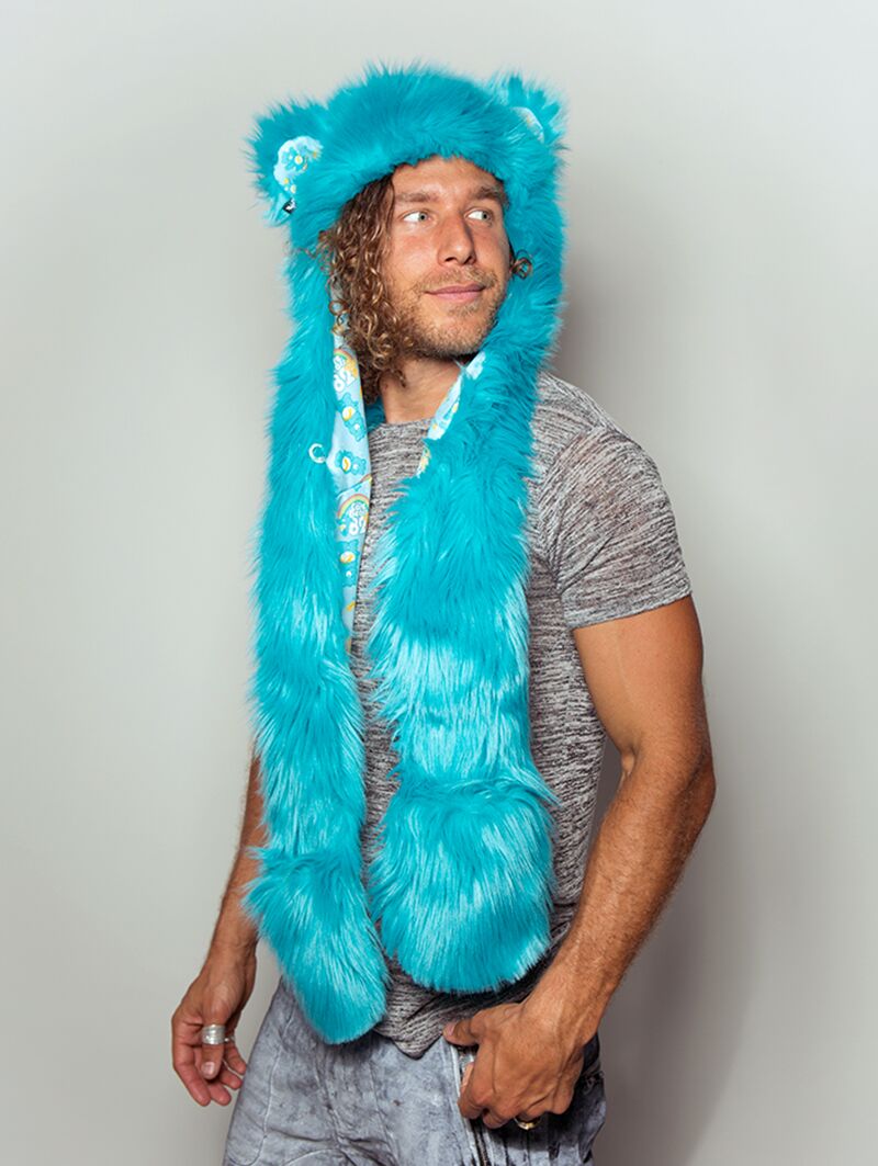Man wearing faux fur Wish Bear Collector Edition SpiritHood, side view