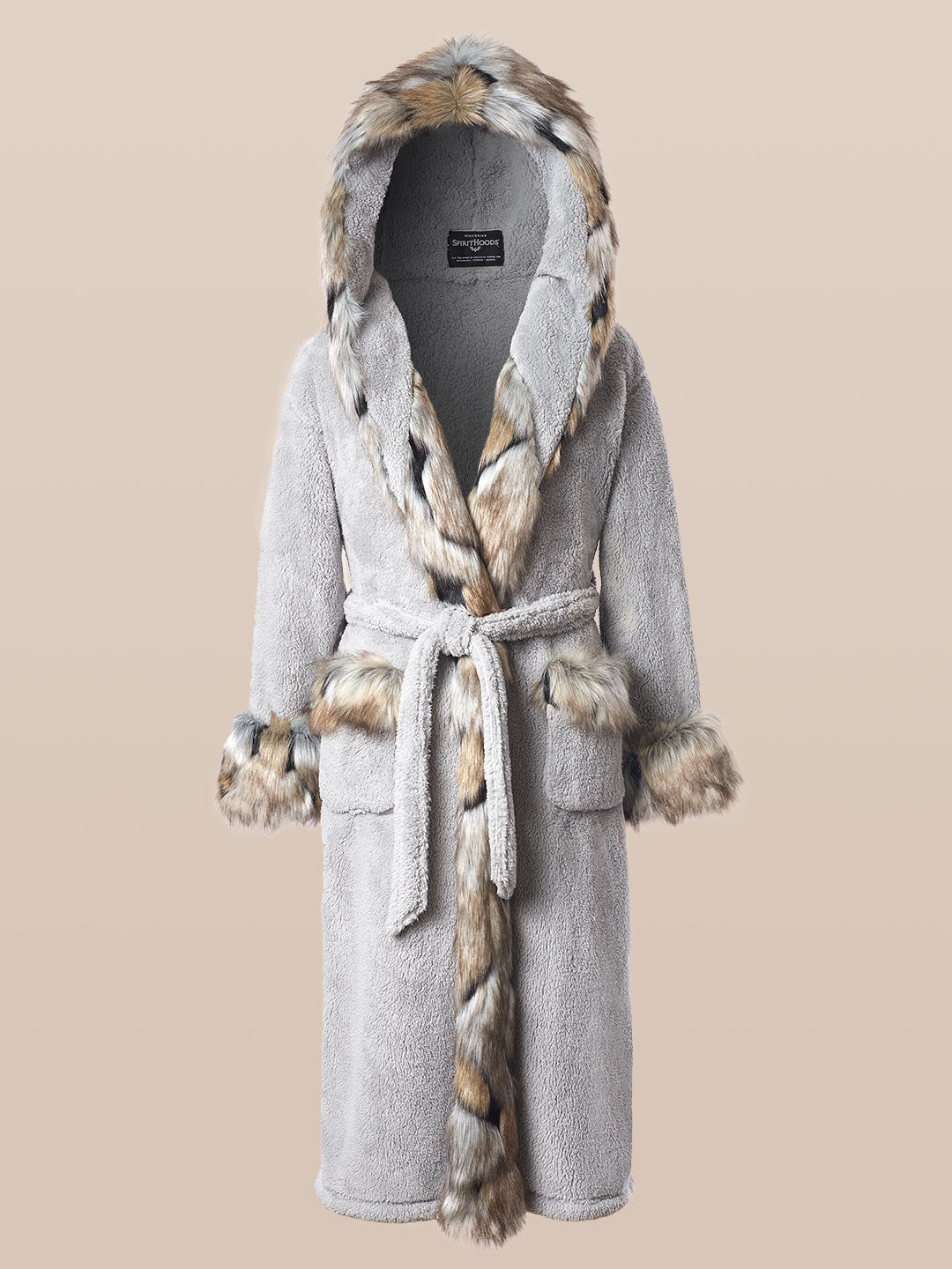 Exterior and Interior View of Wolverine Hooded Faux Fur Robe