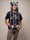 Man wearing faux fur Collector Edition White Tiger SpiritHood, front view 1