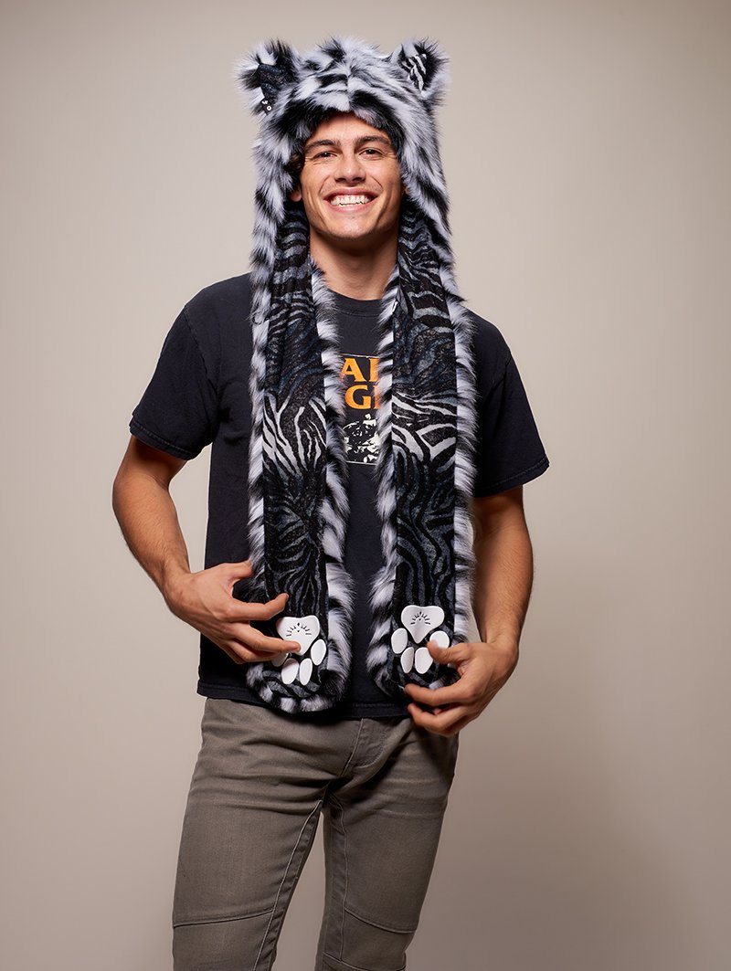 Man wearing faux fur Collector Edition White Tiger SpiritHood, front view 1
