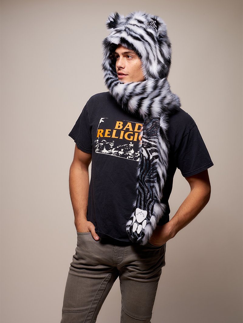 Man wearing faux fur Collector Edition White Tiger SpiritHood, side view 1