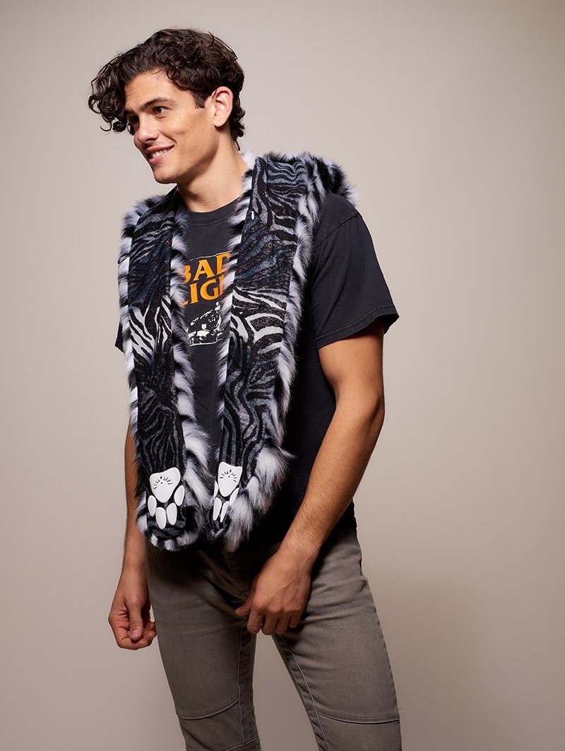 Man wearing faux fur Collector Edition White Tiger SpiritHood, side view 2