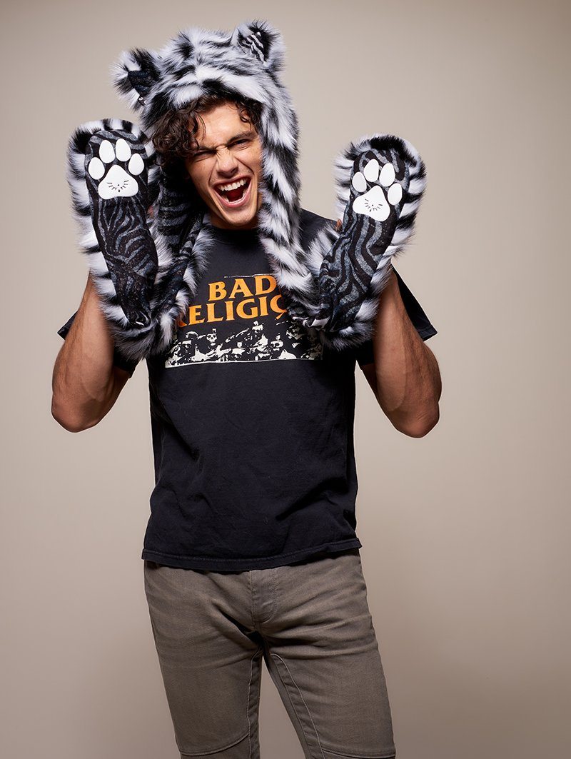 Man wearing faux fur Collector Edition White Tiger SpiritHood, front view 2