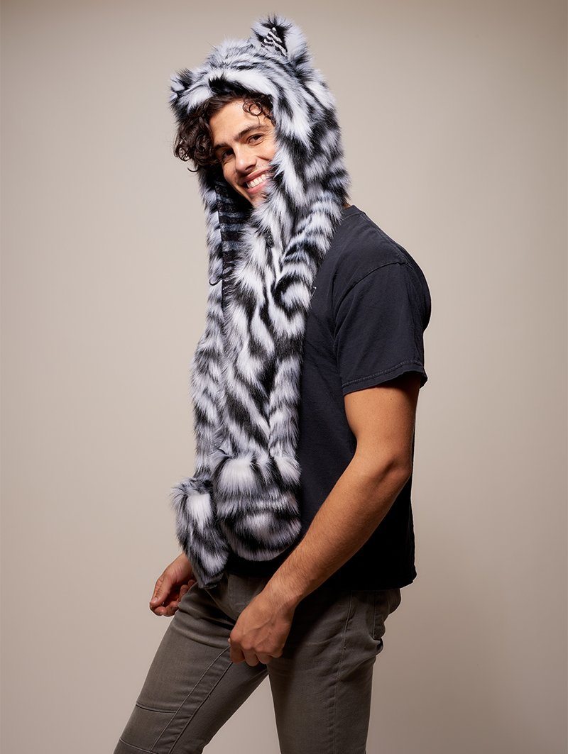 Man wearing faux fur Collector Edition White Tiger SpiritHood, side view 3