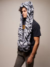 Man wearing faux fur Collector Edition White Tiger SpiritHood, side view 4