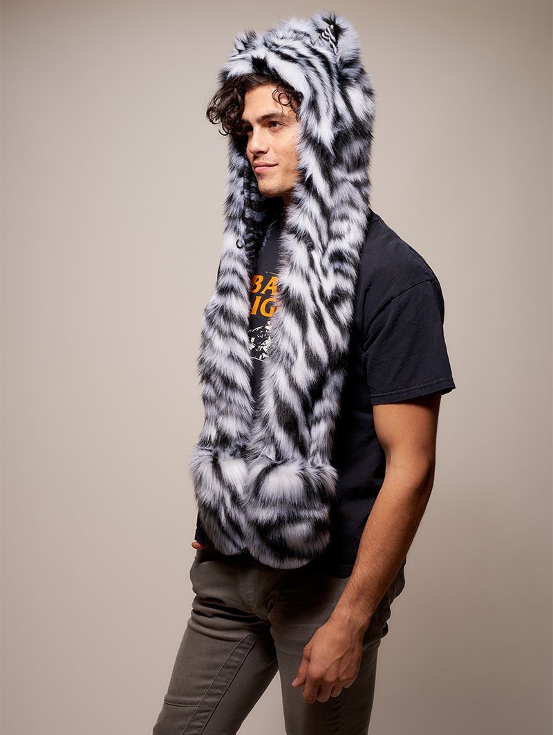 Man wearing faux fur Collector Edition White Tiger SpiritHood, side view 4