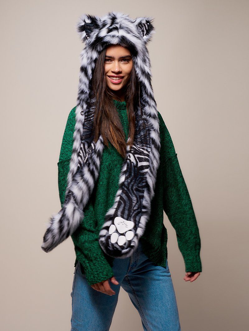 Woman wearing faux fur Collector Edition White Tiger SpiritHood