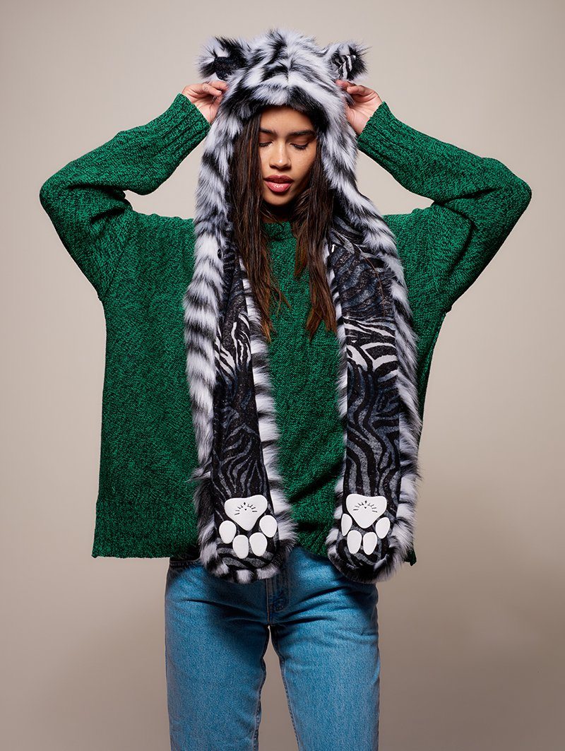 Woman wearing faux fur Collector Edition White Tiger SpiritHood, front view