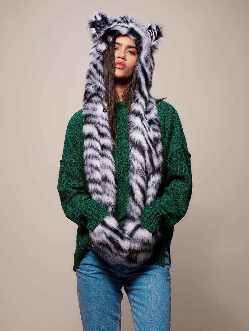 Woman wearing faux fur Collector Edition White Tiger SpiritHood, front view 3