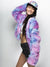 Woman wearing Limited Edition Cotton Candy Faux Fur Bomber, side view 1