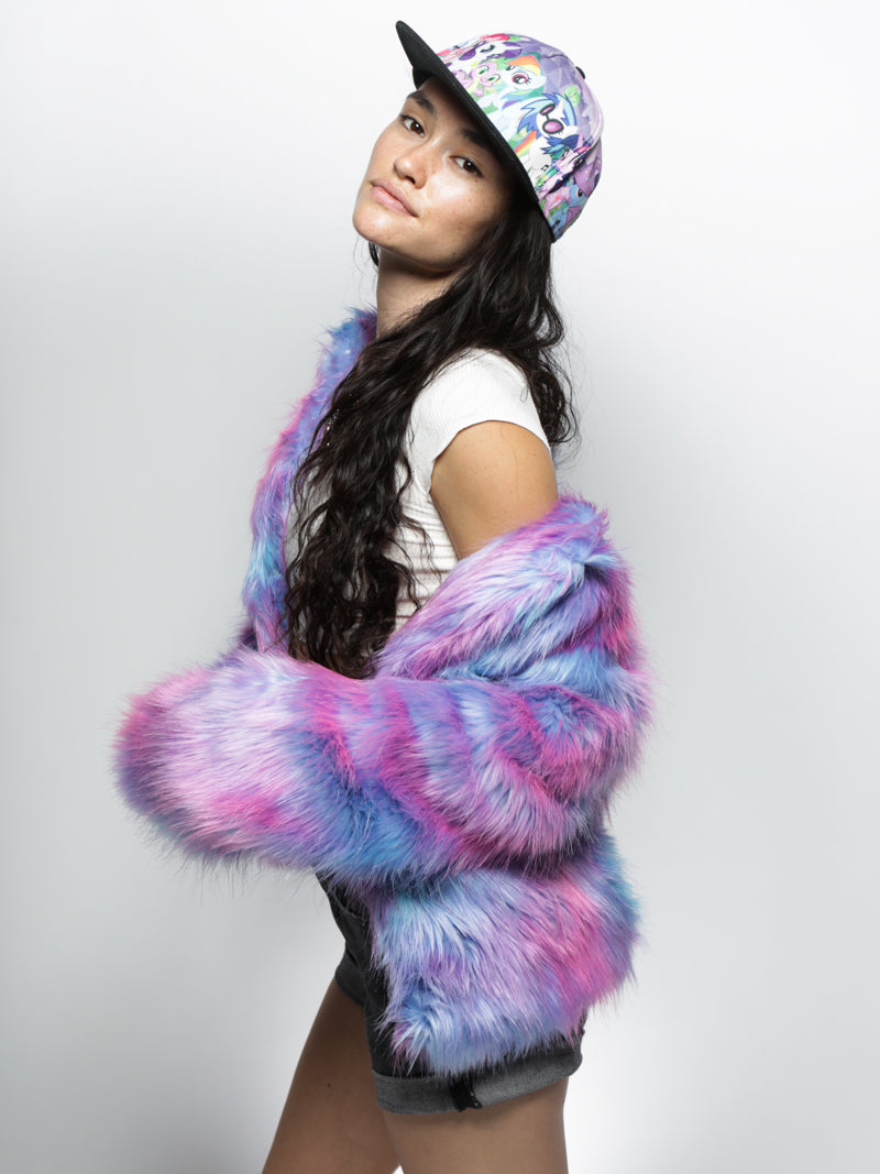 Woman wearing Limited Edition Cotton Candy Faux Fur Bomber, side view 2