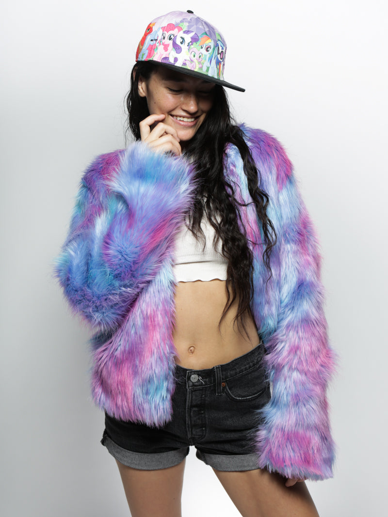 Woman wearing Limited Edition Cotton Candy Faux Fur Bomber, front view 1