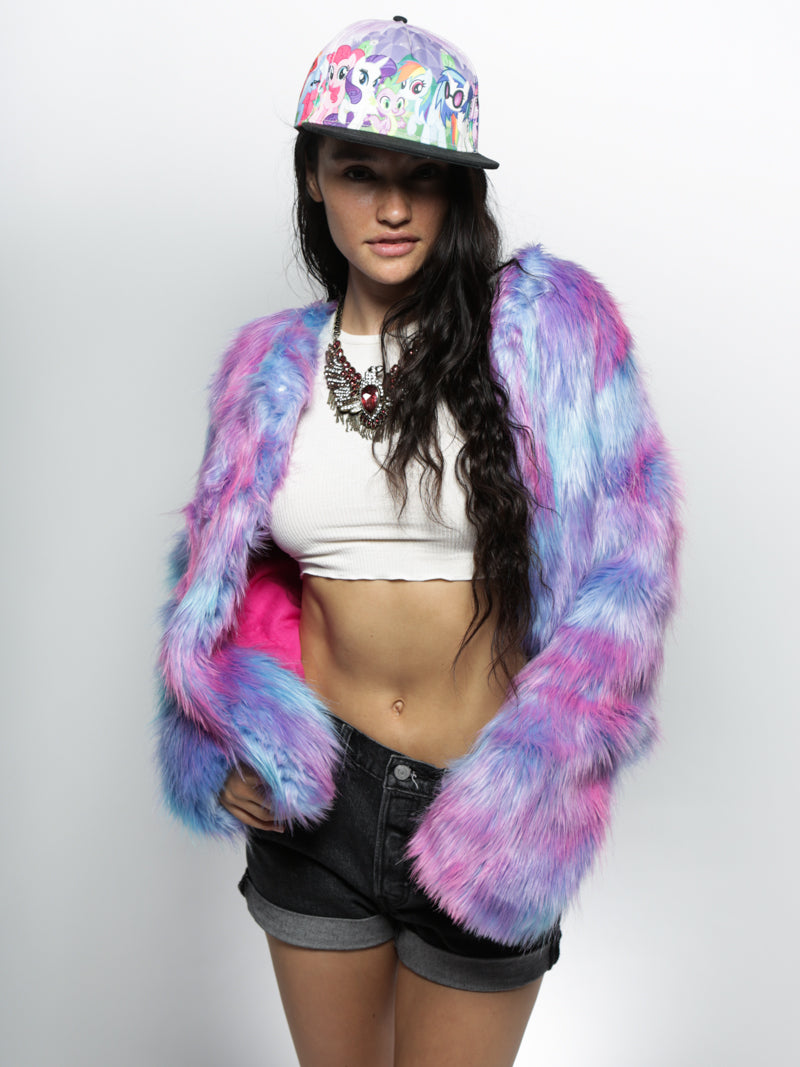 Woman wearing Limited Edition Cotton Candy Faux Fur Bomber, front view 4