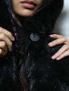 Woman wearing Faux Fur Black Kitty-MeOw! SpiritHood, front view 2