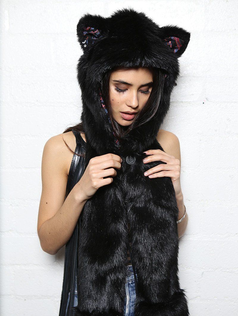 Woman wearing Faux Fur Black Kitty-MeOw! SpiritHood, front view 1