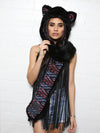 Woman wearing Faux Fur Black Kitty-MeOw! SpiritHood, front view