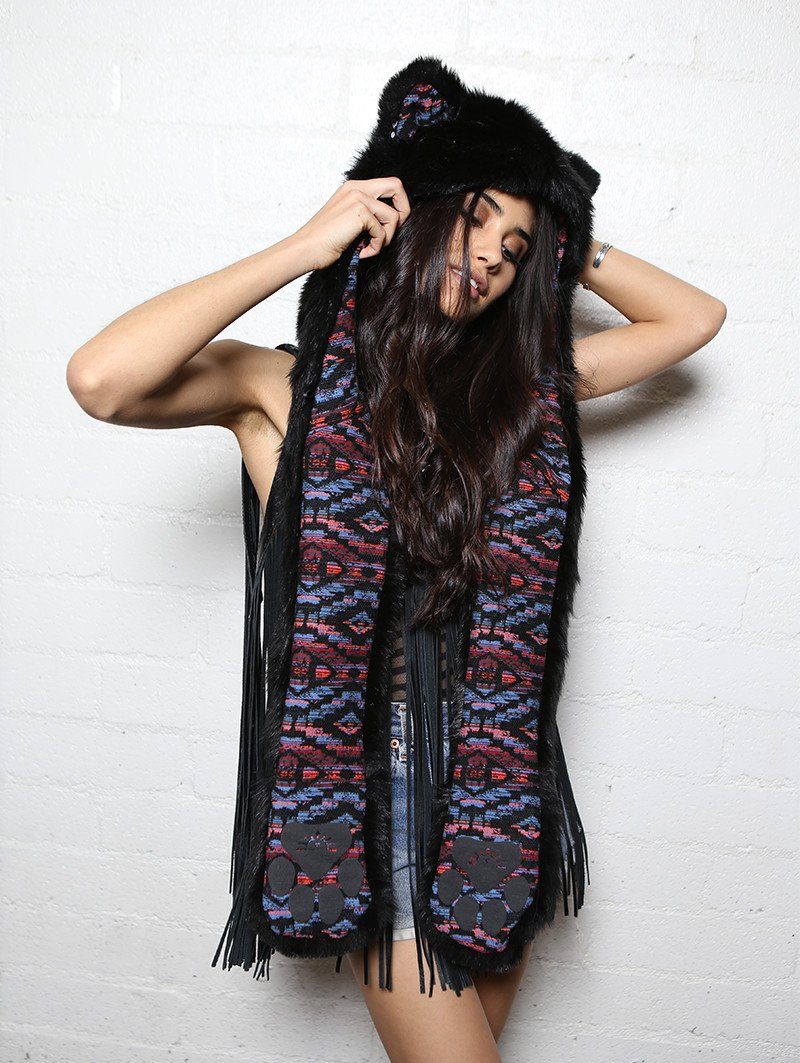 Woman wearing Faux Fur Black Kitty-MeOw! SpiritHood, front view 3