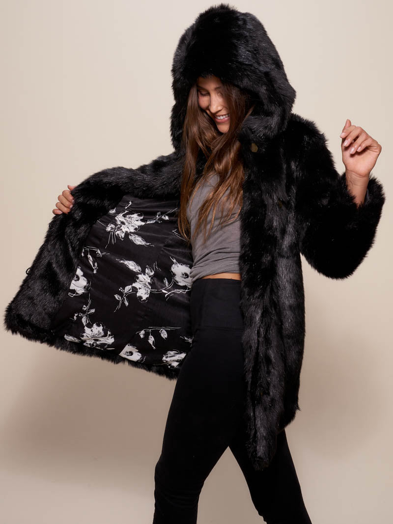 Black Panther Faux Fur Coat with Hood on Female
