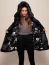 Exterior and Interior View of Collector Edition Hooded Black Panther Faux Fur Coat 