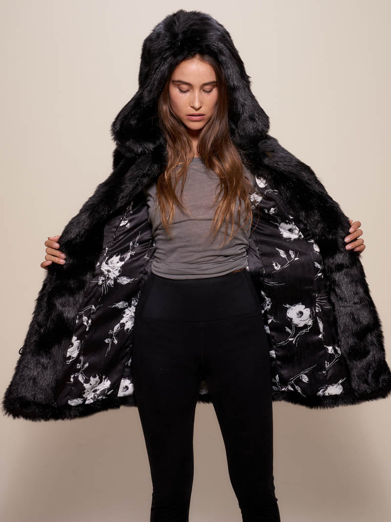 Exterior and Interior View of Collector Edition Hooded Black Panther Faux Fur Coat 