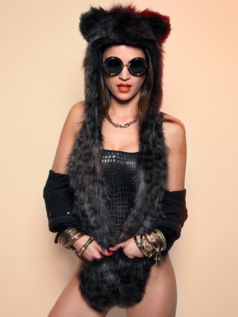 Woman wearing Faux Fur Black Panther SpiritHood