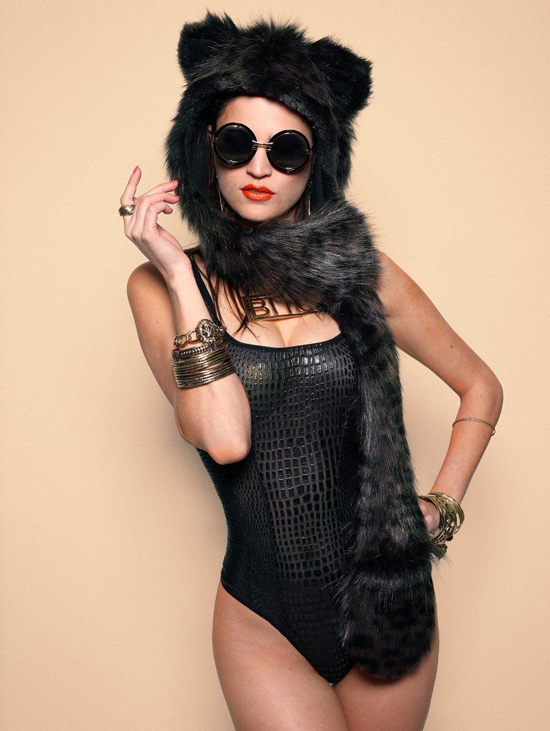 Woman wearing Faux Fur Black Panther SpiritHood, front view