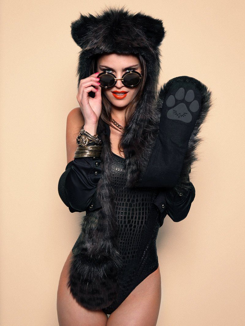 Woman wearing Faux Fur Black Panther SpiritHood, front view 1