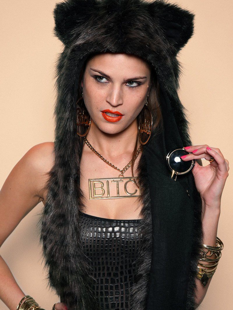 Woman wearing Faux Fur Black Panther SpiritHood, front view 2