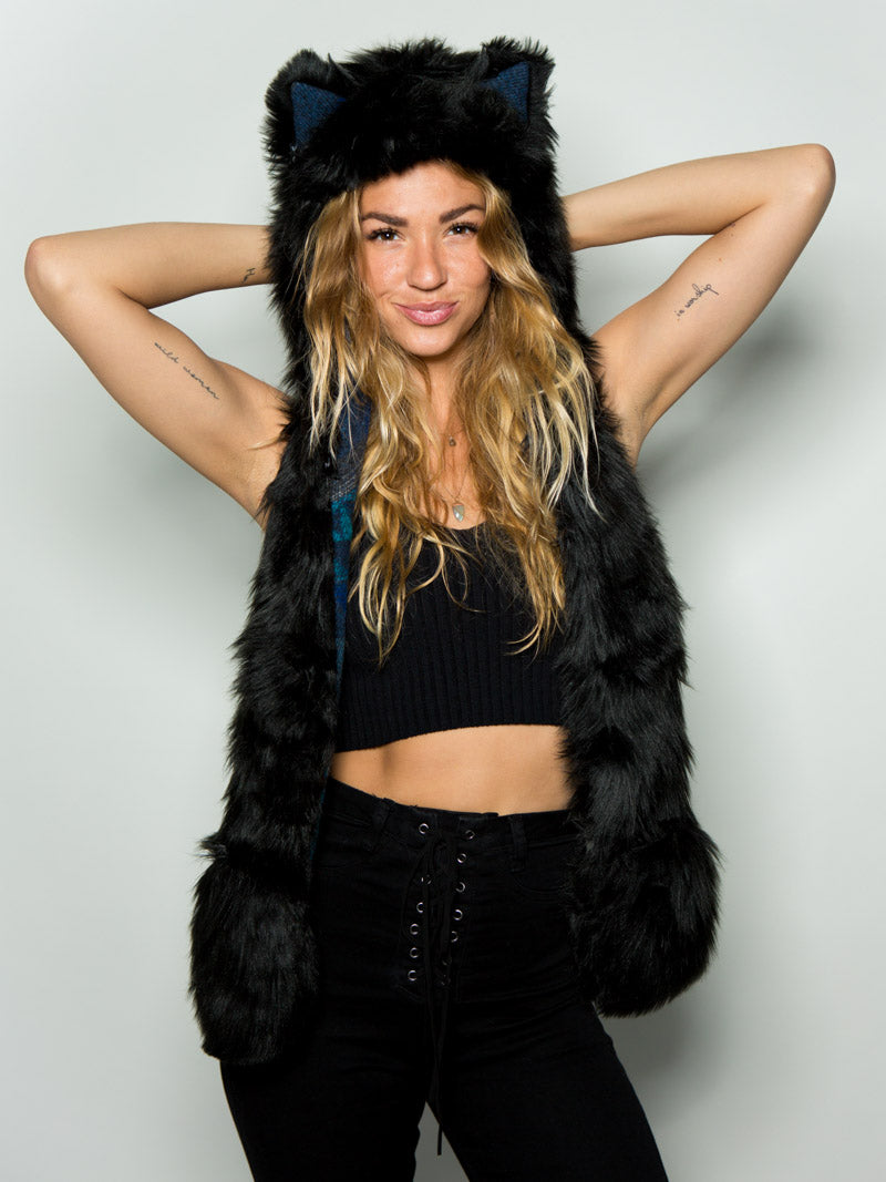 Woman wearing Faux Fur Black Wolf Italy SpiritHood, front view
