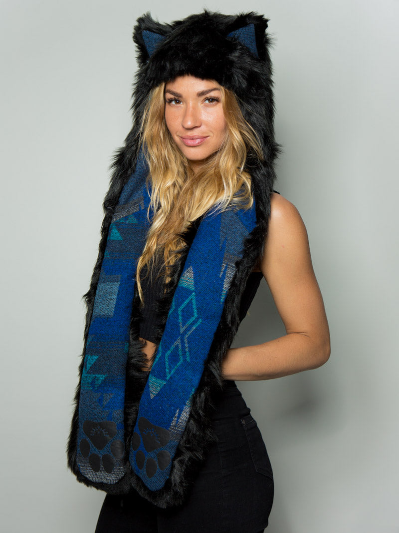 Woman wearing Faux Fur Black Wolf Italy SpiritHood, side view