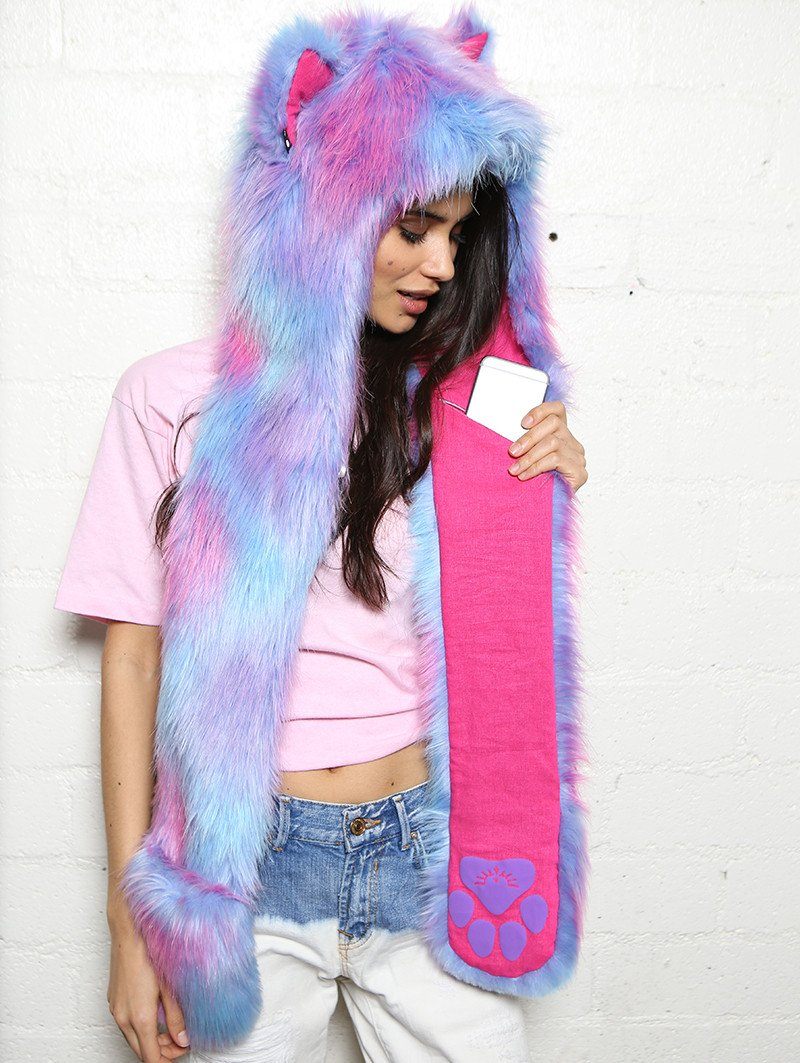 Woman wearing faux fur Festie Bestie Cotton Candy Wolf SpiritHood, side view