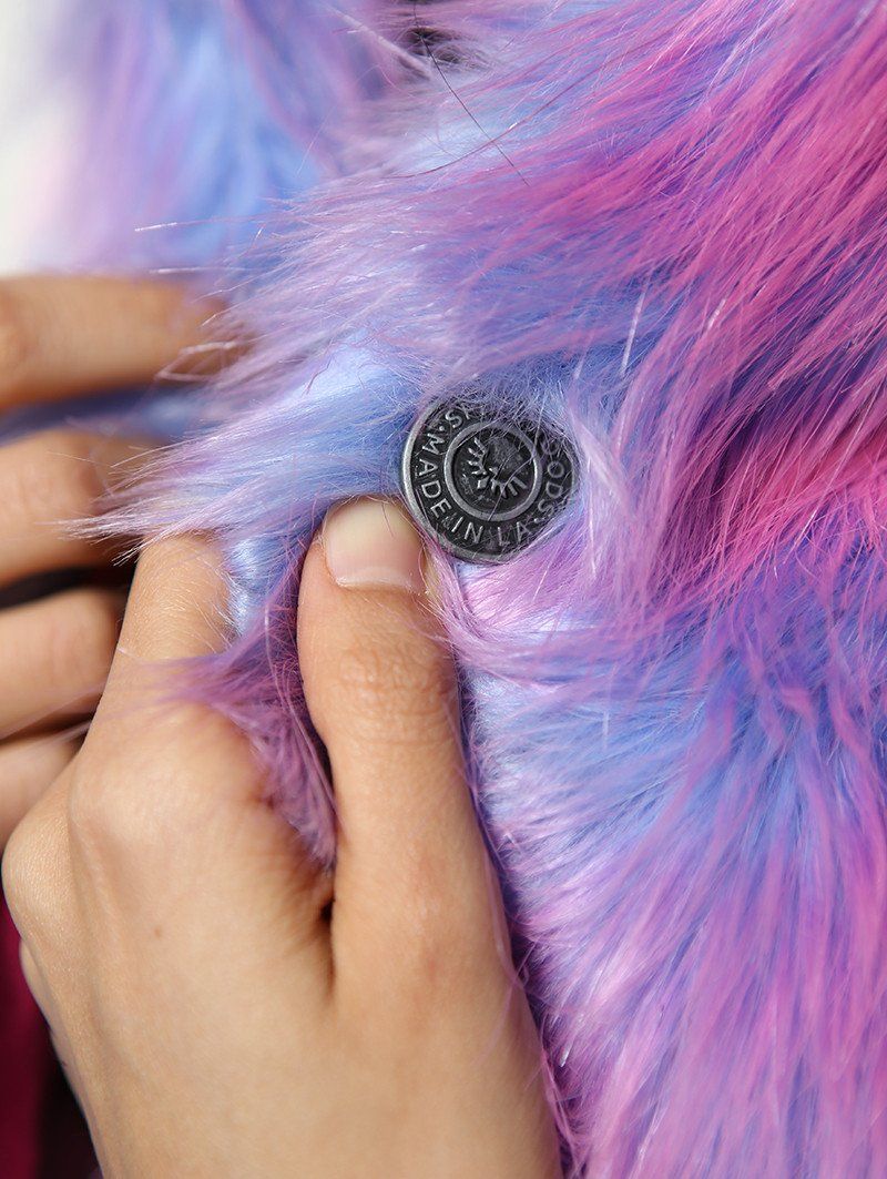Woman wearing faux fur Festie Bestie Cotton Candy Wolf SpiritHood, front view 4