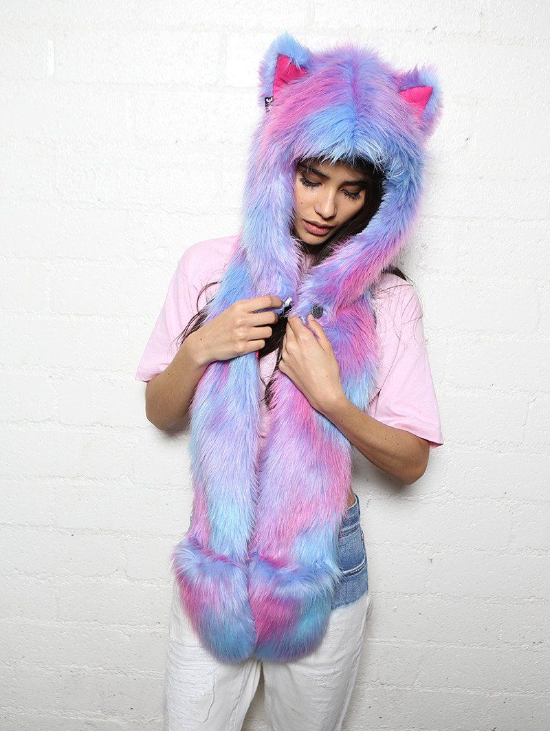 Woman wearing faux fur Festie Bestie Cotton Candy Wolf SpiritHood, front view 