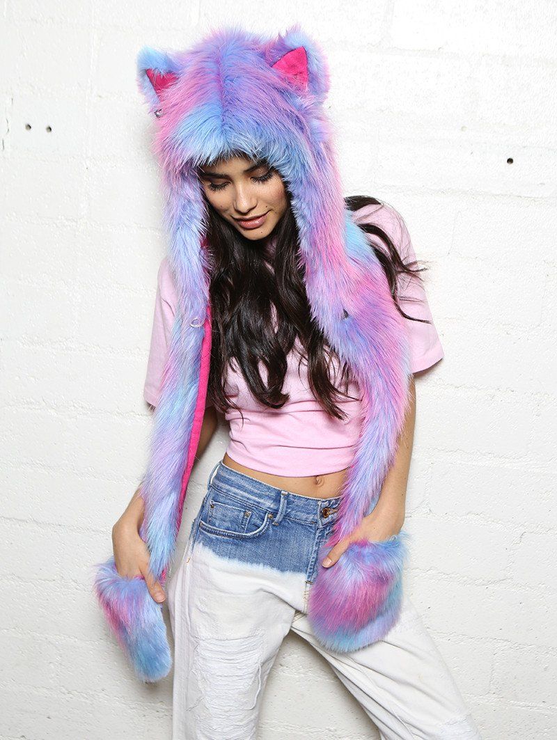Woman wearing faux fur Festie Bestie Cotton Candy Wolf SpiritHood