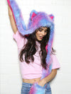 Woman wearing faux fur Festie Bestie Cotton Candy Wolf SpiritHood, front view 3