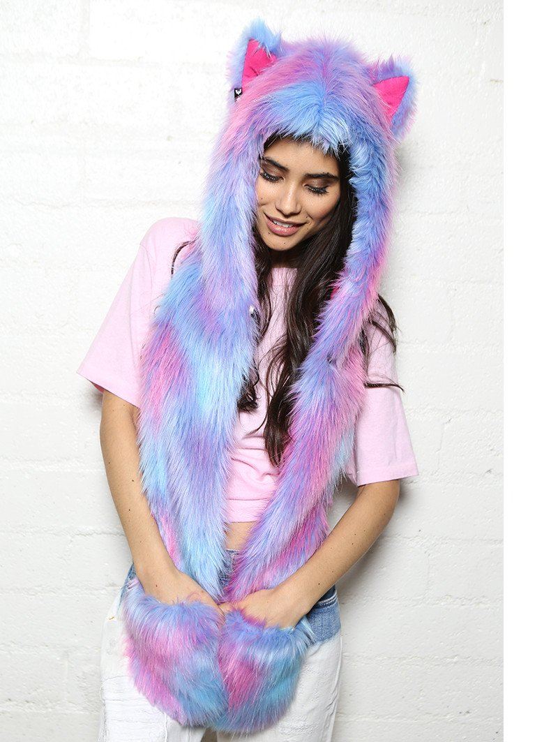 Woman wearing faux fur Festie Bestie Cotton Candy Wolf SpiritHood, front view 2