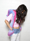 Woman wearing faux fur Festie Bestie Cotton Candy Wolf SpiritHood, side view 1