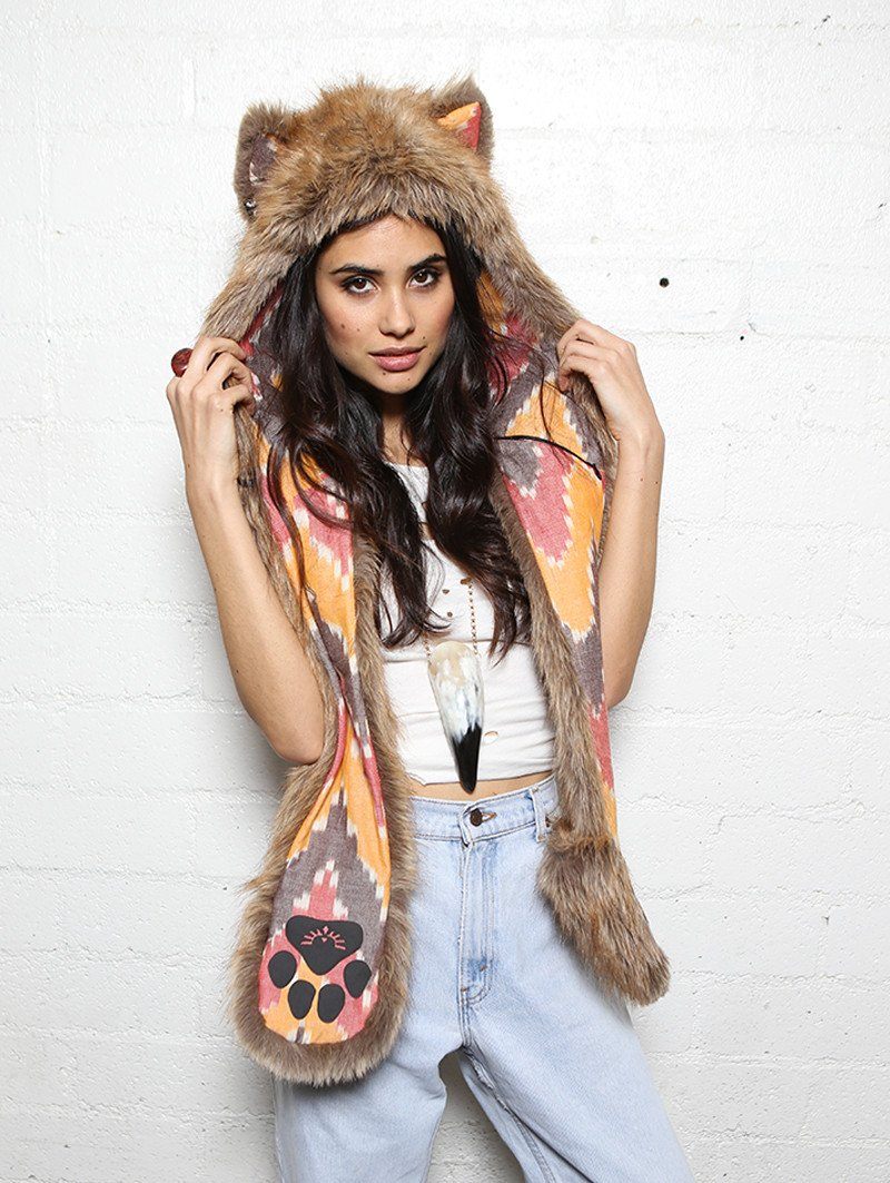 Woman wearing Coyote Sedona Faux Fur SpiritHood, front view 2