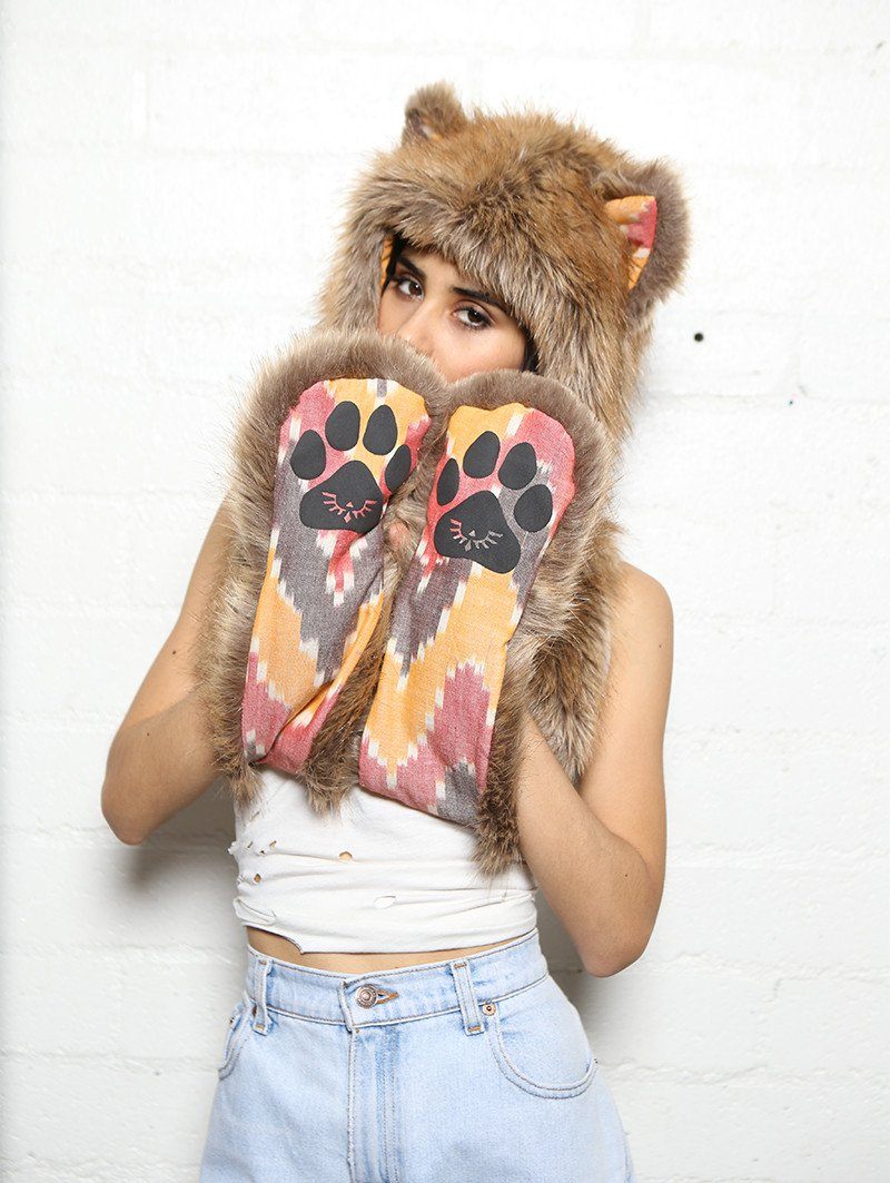 Woman wearing Coyote Sedona Faux Fur SpiritHood, front view 1